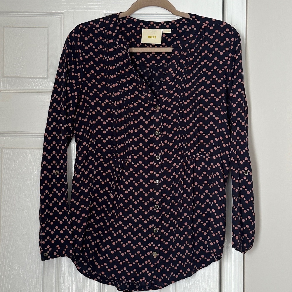 Maeve by Anthropologie Navy Button Blouse Polka Dots Roll Tab Sleeves Work Small